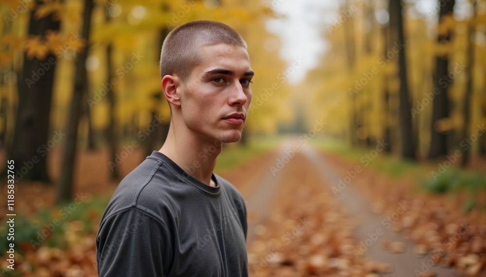 Introspective teenage boy standing on forest trail in autumn, reflection Introspective teenage boy standing on forest trail in autumn, reflection