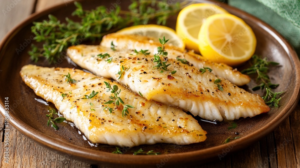Pan-fried fish fillets with lemon and thyme.