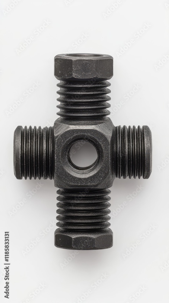 Industrial Metal Cross Fitting with Threaded Bolts on White Background for Engineering and Construction Projects Industrial Metal Cross Fitting with Threaded Bolts on White Background for Engineering and Construction Projects