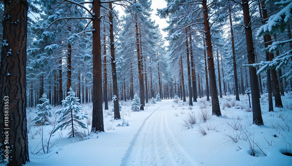 Snowy winter forest with tall pine trees, tranquility in nature Snowy winter forest with tall pine trees, tranquility in nature