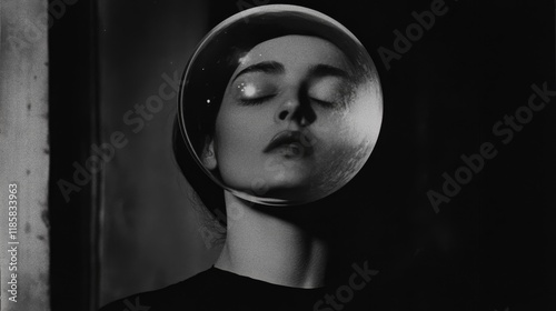 Black and white image depicting a serene woman?s face enclosed in a reflective glass sphere. Captures mystery and tranquility.