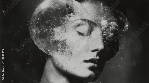 Black and white image depicting a serene woman?s face enclosed in a reflective glass sphere. Captures mystery and tranquility.