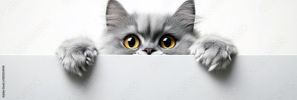 Fototapeta premium Curious gray cat peeking over white surface.