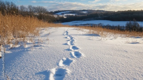 Wallpaper Mural A peaceful snowscape with untouched snow covering rolling hills, faint footprints trailing off into the distance Torontodigital.ca