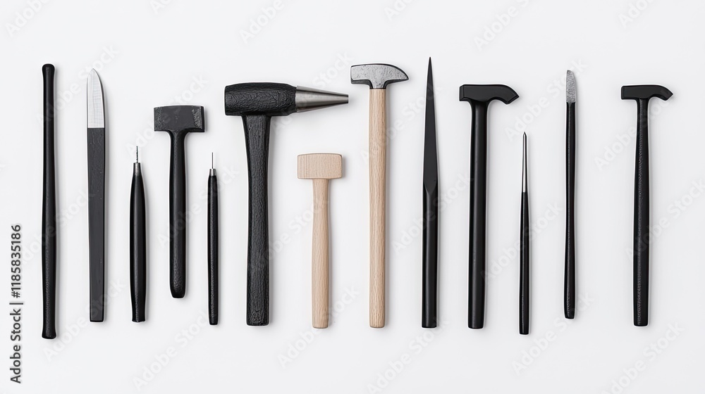 Assorted Blacksmith Tools Arranged Neatly on White Background for Craftsmanship and Metalworking Concepts Assorted Blacksmith Tools Arranged Neatly on White Background for Craftsmanship and Metalworking Concepts