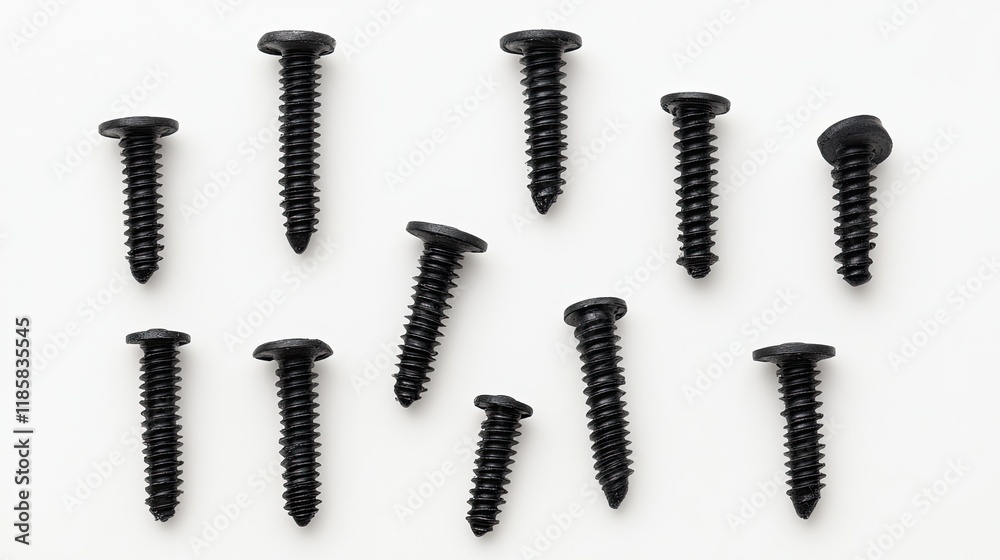Close-Up of Black Screws on White Background for Industrial and Construction Use Close-Up of Black Screws on White Background for Industrial and Construction Use