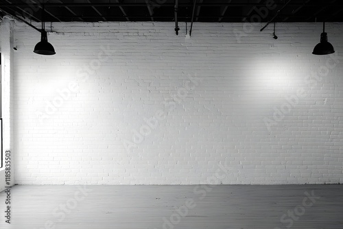 Empty white brick wall studio, wood floor, lights, urban background, product display