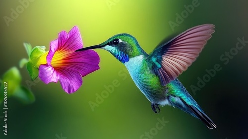 A vibrant hummingbird hovering near a colorful flower, showcasing nature's beauty. photo