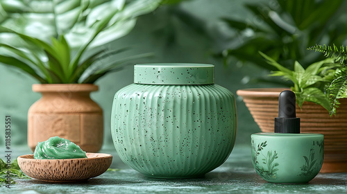 Green beauty products on table with plants, spa setting, natural cosmetics