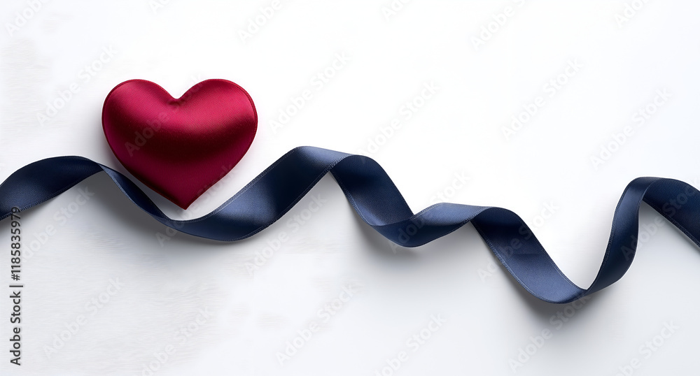 red heart-shaped navy blue ribbon with a soft shadow on the white background red heart-shaped navy blue ribbon with a soft shadow on the white background