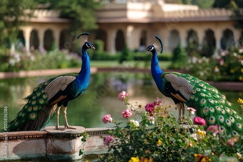 Two peacocks display vibrant plumage in a serene garden, near a reflecting pool and palace.