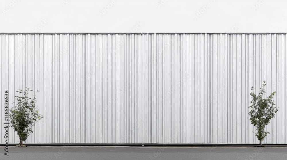 Minimalist Urban Scene with Two Green Bushes Against a Modern Industrial Metal Wall on a Clear Day Minimalist Urban Scene with Two Green Bushes Against a Modern Industrial Metal Wall on a Clear Day