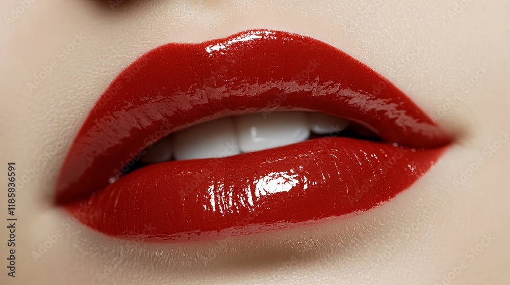 Close-up of vibrant red female lips with a glossy Close-up of vibrant red female lips with a glossy