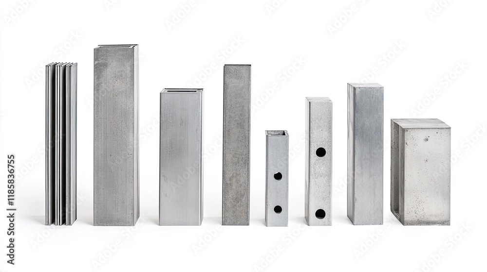Various Sizes of Industrial Metal Bars and Tubes Arranged in a Row on White Background