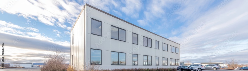 Modern White Building Exterior Wide Shot Composition, Cloudy Sky, Architectural Design, Commercial Property Commercial Real Estate, Modern Architecture Modern White Building Exterior Wide Shot Composition, Cloudy Sky, Architectural Design, Commercial Property Commercial Real Estate, Modern Architecture
