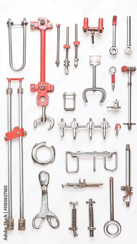 Assorted Industrial Metal Tools and Clamps Arranged on White Background for Mechanical and Engineering Projects Assorted Industrial Metal Tools and Clamps Arranged on White Background for Mechanical and Engineering Projects