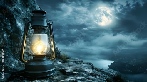 lantern with the moon shining behind it, photo