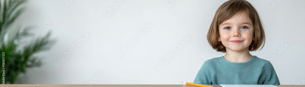 Smiling Girl at Desk with Pencil, Simple Composition, Light Background, Child Portrait child photography, portrait photography Smiling Girl at Desk with Pencil, Simple Composition, Light Background, Child Portrait child photography, portrait photography