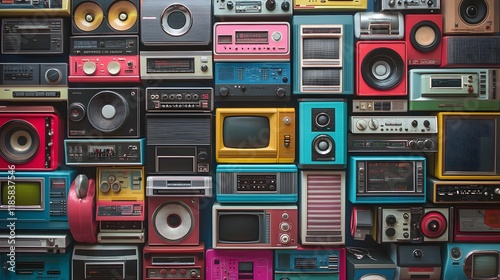 Retro Technology Wall A Colorful Array Of Vintage Electronics photo