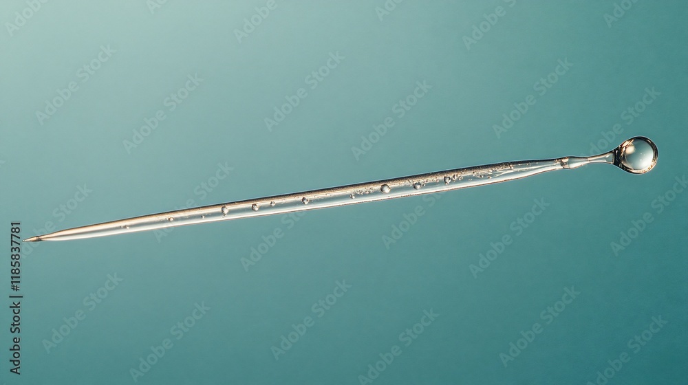 Close-up of a thin, transparent, glass rod with a rounded end against a teal background.