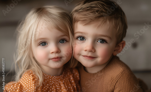  little girl and boy smiling, standing next to each other with their arms crossed on a white background photo