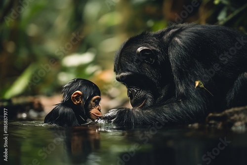 Mother chimpanzee and baby playing in water. photo