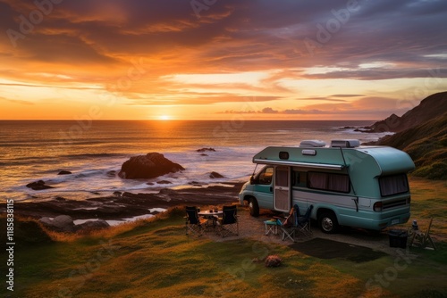 Cozy camper van parked on a grassy cliff offers breathtaking ocean views under a vibrant sunset sky, creating a serene and idyllic coastal escape