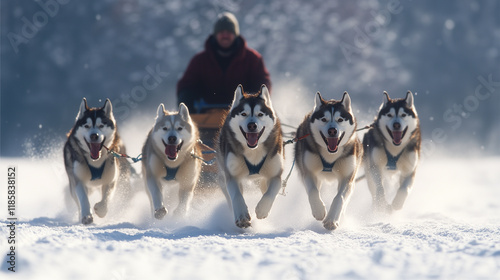 A group of husky dogs pulling a sled on a vast expanse of white snow, the driver standing behind the sled wearing thick winter clothes, Ai generated images.