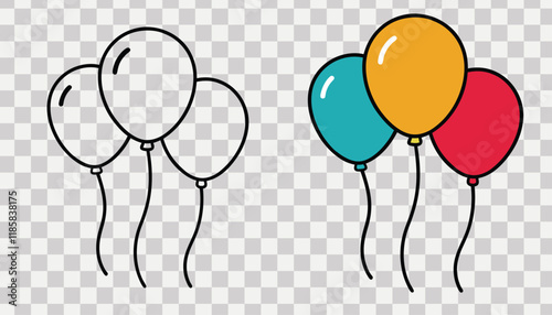 A set of helium balloons in outline and vibrant colors, cartoon vector style, with a transparent background, ideal for party invitations, celebrations, and festive designs.