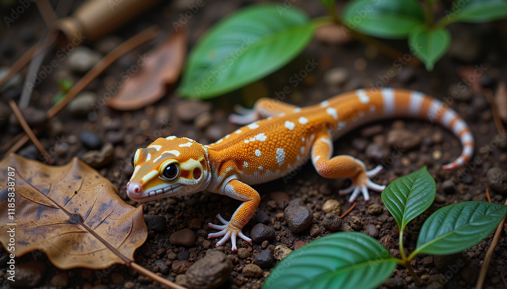 Fototapeta premium Chameleon gecko blending into forest floor among leaves, camouflage art