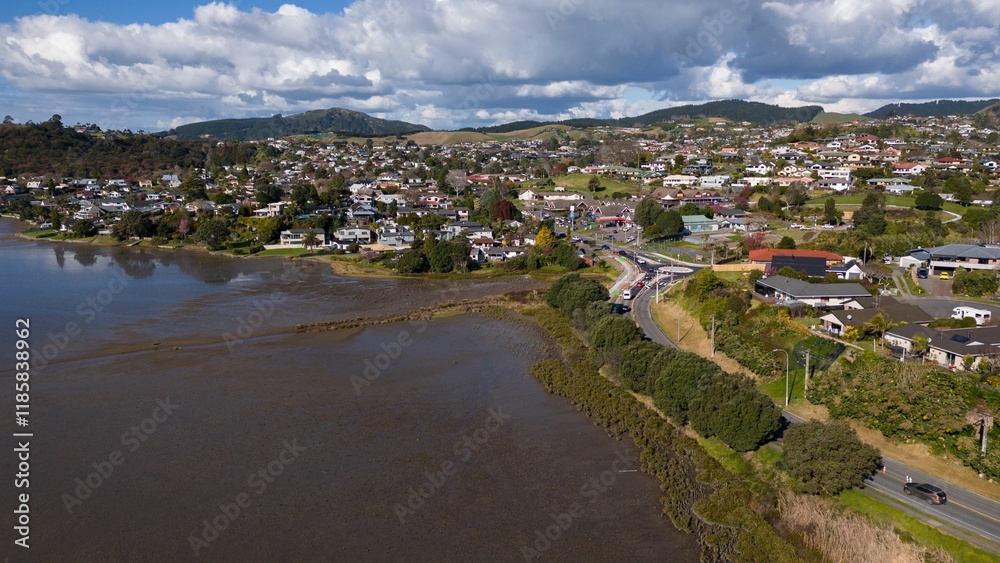 Aerial view of a residential area in Pilot Bay against a cloudy sky Aerial view of a residential area in Pilot Bay against a cloudy sky