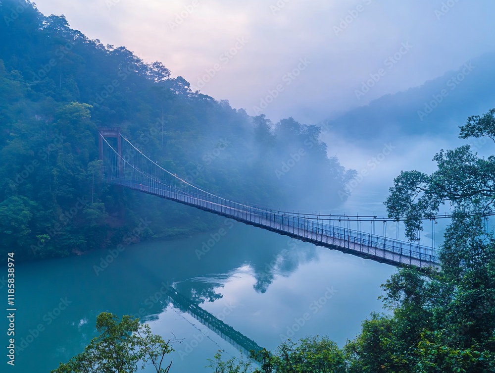 Fototapeta premium Misty morning view of a suspension bridge over calm water in a lush green valley.