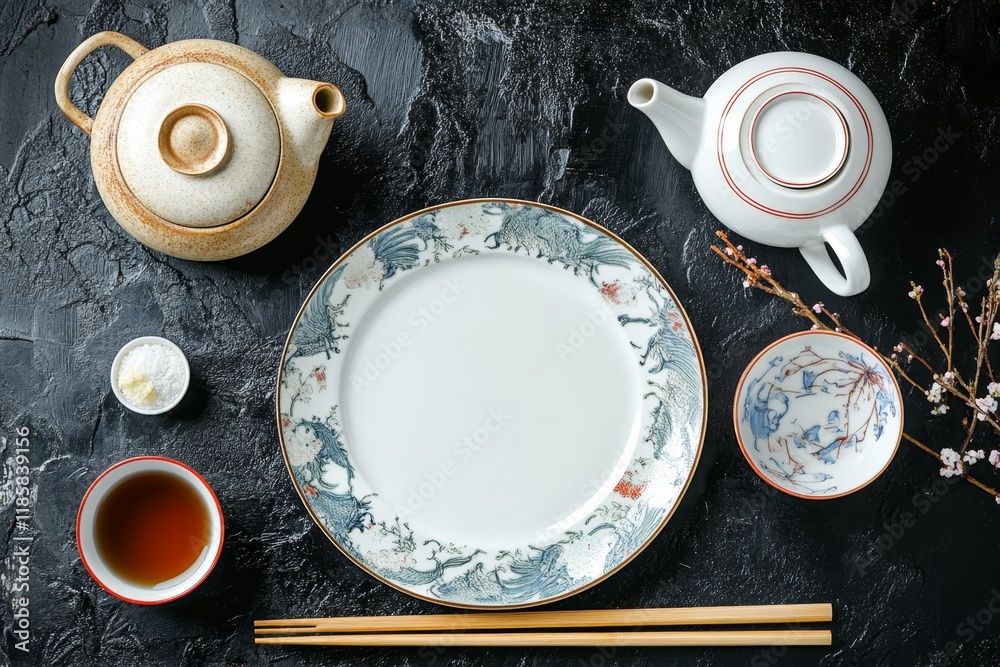 Asian tea ceremony table setting, dark background (1) Asian tea ceremony table setting, dark background (1)