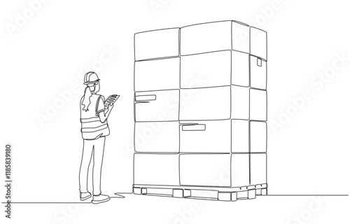 Continuous one line drawing of female warehouse worker checking parcel goods on pallet, warehouse and logistics  concept, single line art