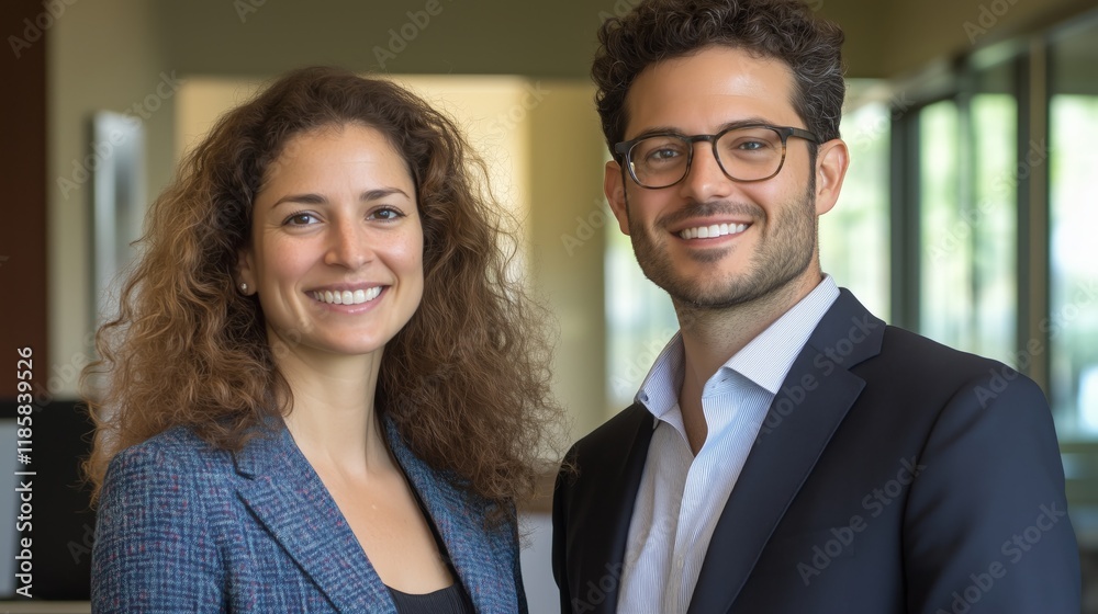 an attractive man and woman in their 30s wearing business attire, in an office setting an attractive man and woman in their 30s wearing business attire, in an office setting
