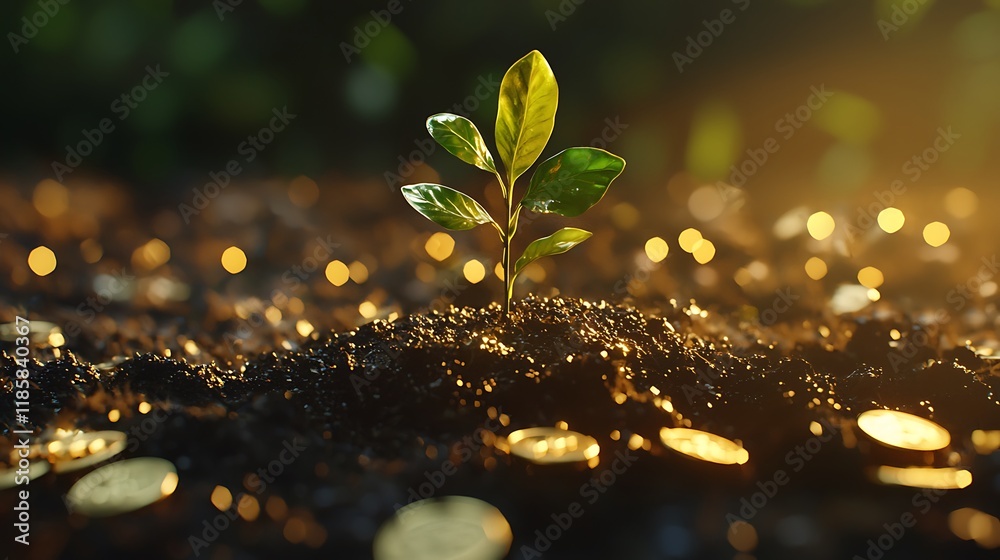 Small green plant sprouting from soil surrounded by shiny gold coins symbolizing investment Small green plant sprouting from soil surrounded by shiny gold coins symbolizing investment