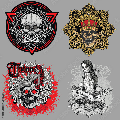 set, gothic sign with skull and sexy tattooed girls
, grunge vintage design t shirts
