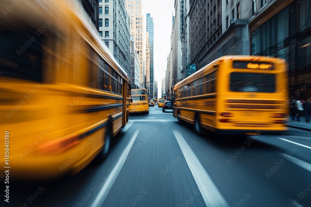 Fototapeta premium Motion blur of yellow school buses on city street.