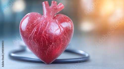 3D Rendered Human Heart with Stethoscope Cardiovascular Anatomy, Medical Concept, Close-up Image, Healthcare Cardiovascular system, Heart health photo