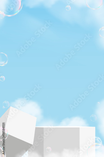 Sky blue, cloud background with white 3d podium platform step and bubble for summer product presentation banner,Vector minimalist background display mockup with nature spring sky for cosmetic showcase