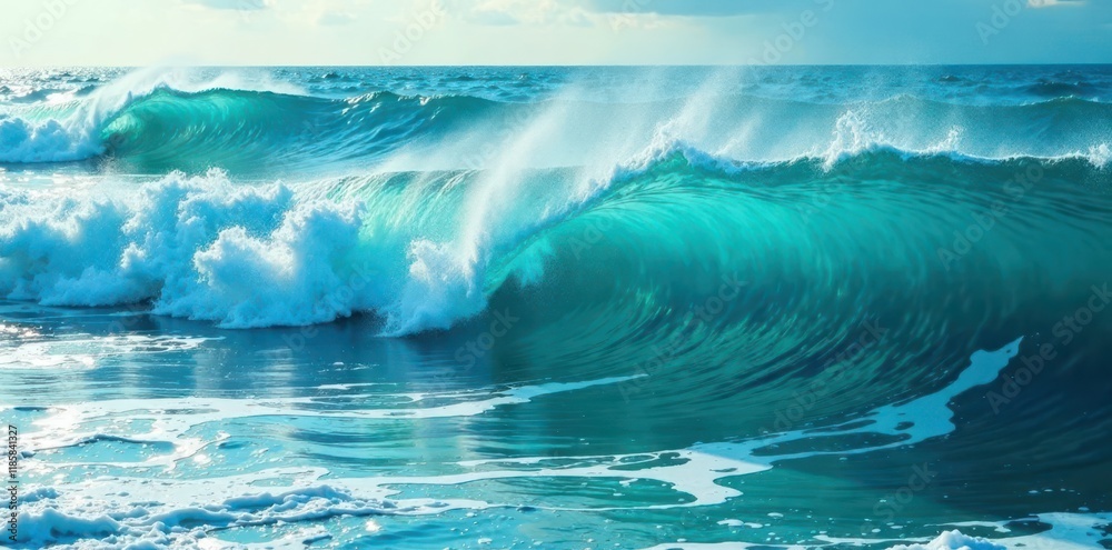 Shimmering blue-green sea, rolling waves, frothy peaks , ripple, horizon Shimmering blue-green sea, rolling waves, frothy peaks , ripple, horizon