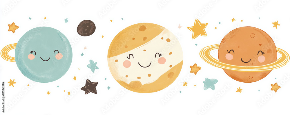 Cute space themed illustration featuring smiling planets and stars, perfect for children decor or educational materials. playful design adds whimsical touch to any space Cute space themed illustration featuring smiling planets and stars, perfect for children decor or educational materials. playful design adds whimsical touch to any space