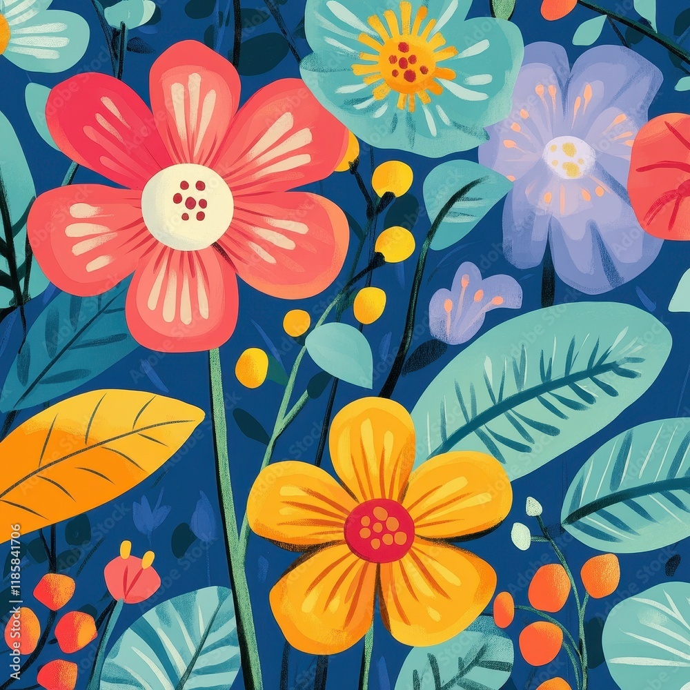 Vibrant Colorful Flowers and Leaves Design