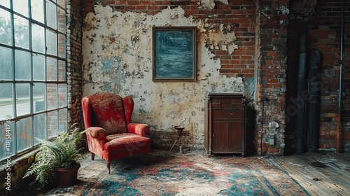 A grungy room with peeling paint, exposed brick walls, and vintage furniture, creating an atmospheric, raw setting that feels nostalgic and full of character. photo