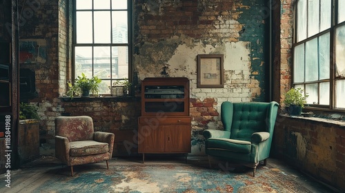 A grungy room with peeling paint, exposed brick walls, and vintage furniture, creating an atmospheric, raw setting that feels nostalgic and full of character. photo