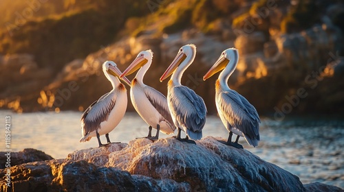 Four pelicans perched on rocks at sunset, ocean background.