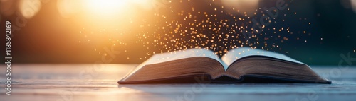 Open Book with Golden Dust Magical Sunset Composition, Fantasy Book, Book Photography Keywords Fantasy, Magic