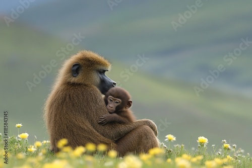 Hamadryas baboon mother tenderly cradles her infant in a field of yellow wildflowers.