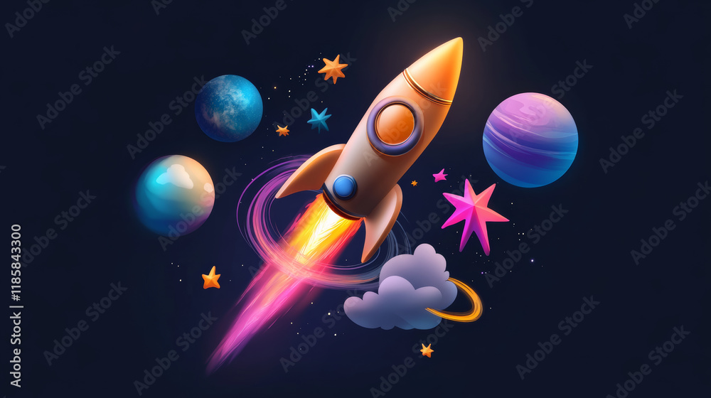 Naklejka premium Glowing rocket soaring through space, surrounded by colorful planets and stars, creating magical journey in cosmos