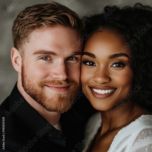 Happy newlywed couple close-up, isolated, on a white background.